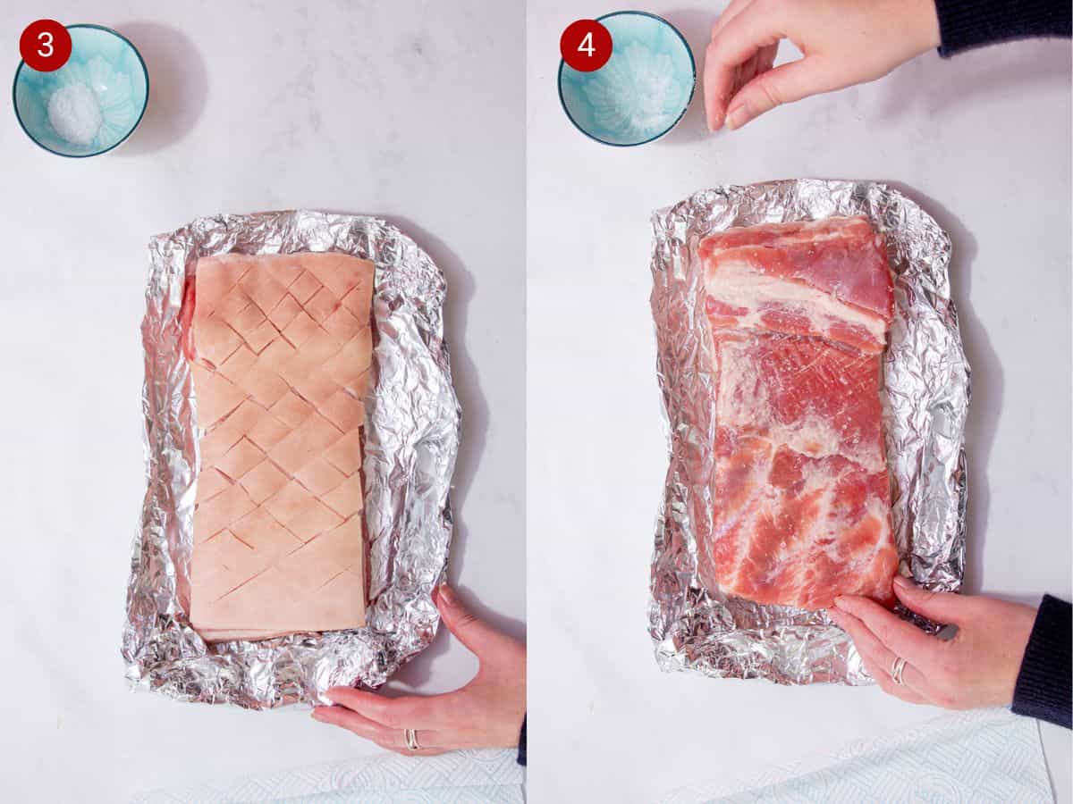 2 step by step photos, the first with a pork belly with the fat scored diagonnally on foil with a little bowl of salt and the second with 2 hands adding some seasoning to the bottom of the pork.