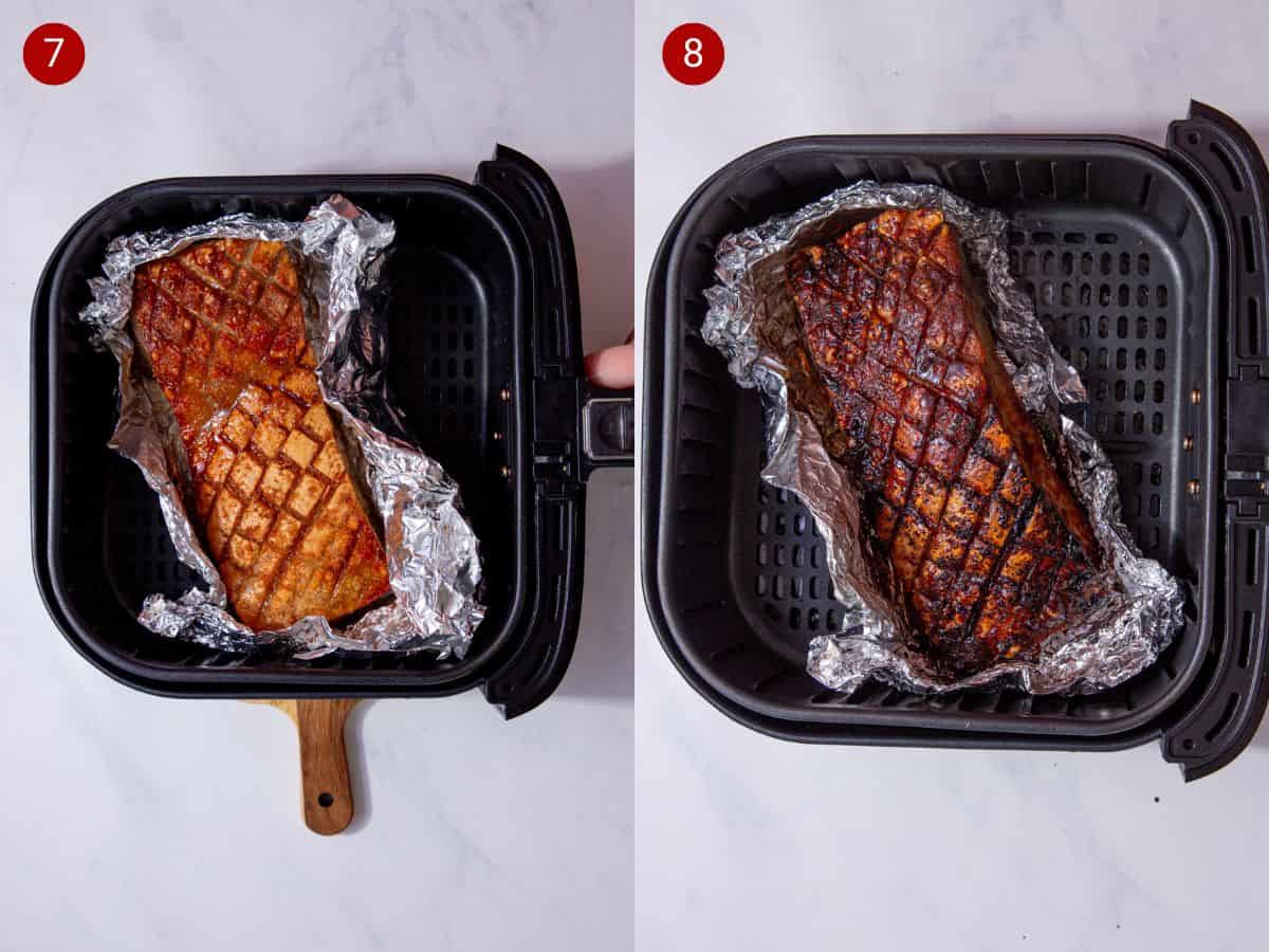 2 step by step photos, the first with a browned piece of pork belly with the fat scored diagonnally on foil in an air fryer tray and the second the pork now browned to a dark colour.