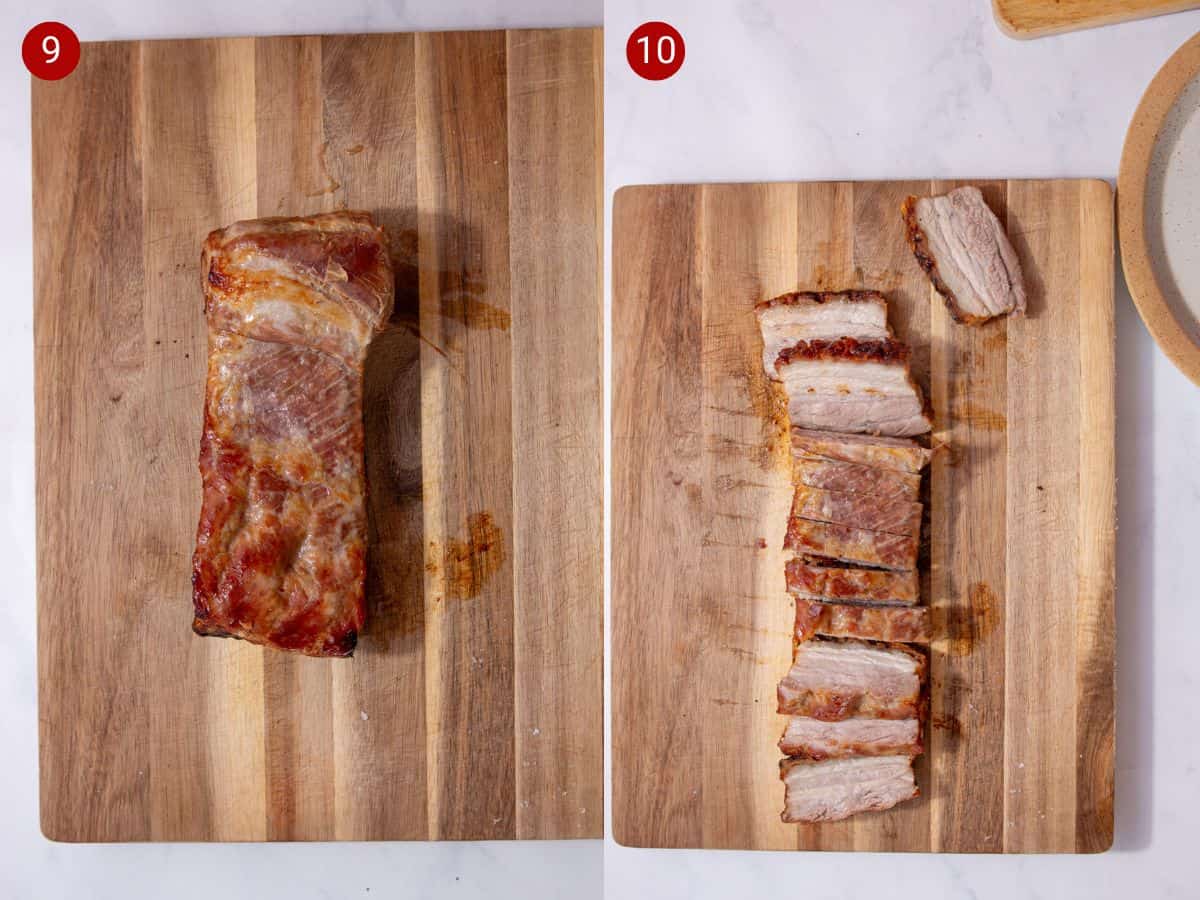 2 step by step photos, the first with a large piece of pork belly on a chopping a board and the second with pieces of pork now sliced on the board.