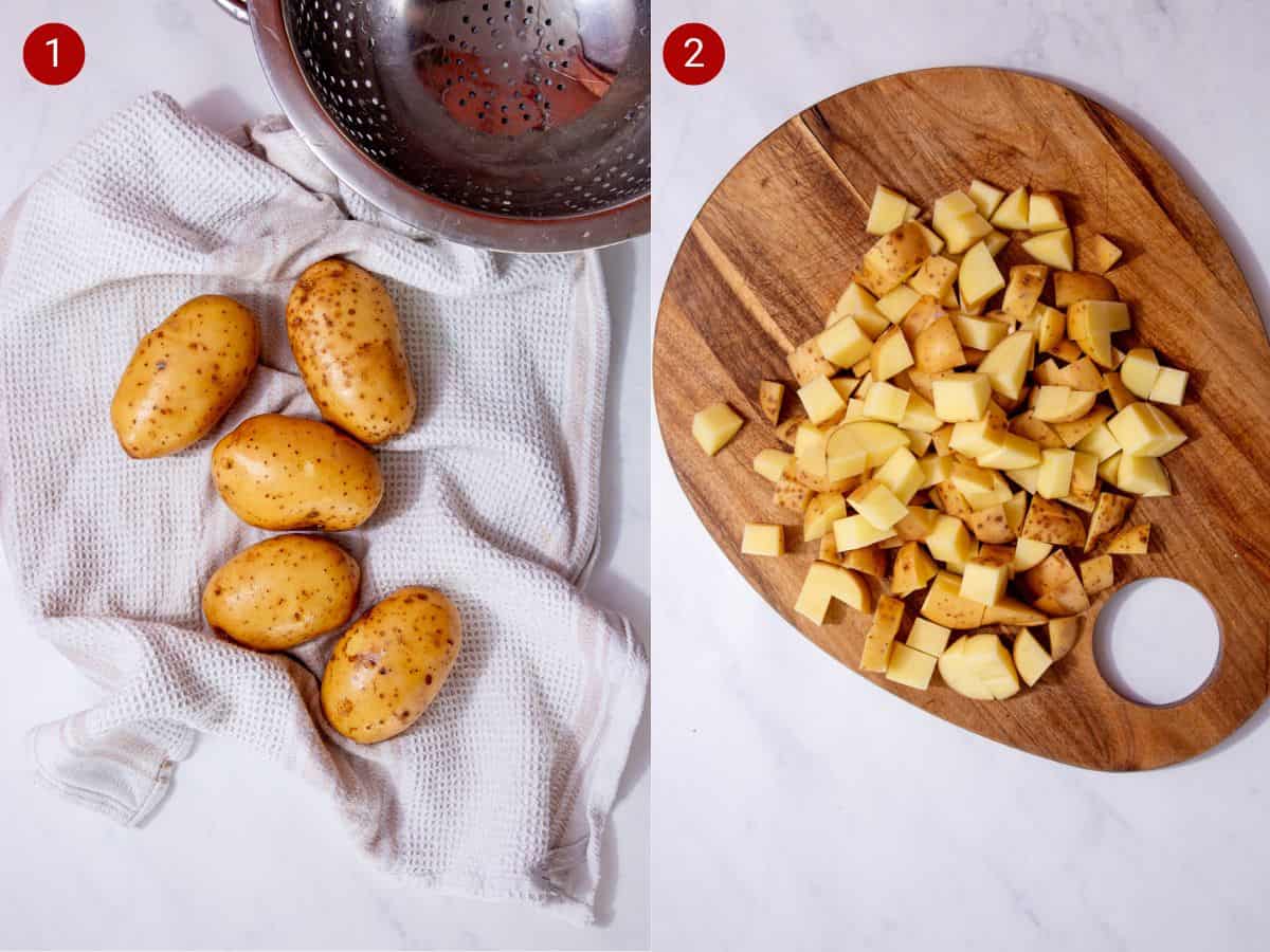 2 step by step photos, the first with wet potatoes on a cloth  and the second with sliced potatoes on a chopping board.
