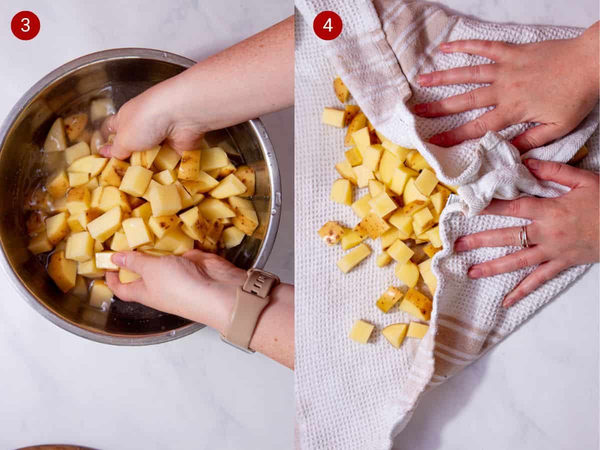 2 step by step photos, the first with potatoes in water in a metal bowl and the second with diced potatoes in a cloth with 2 hands covering.