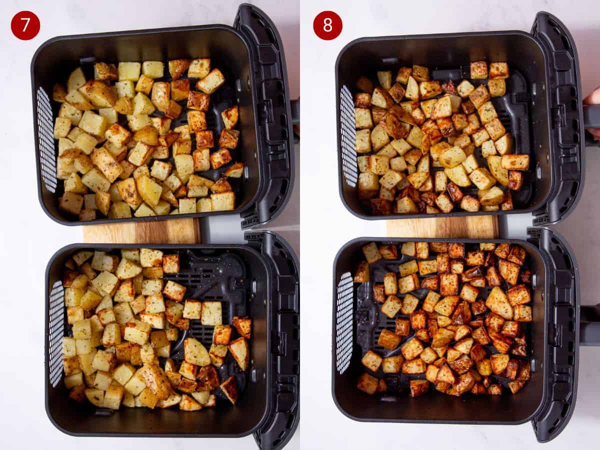 2 step by step photos, the first with  almost cooked potatoes in a 2 air fryer trays and the second with diced potatoes fully browned  in a 2 air fryer trays.