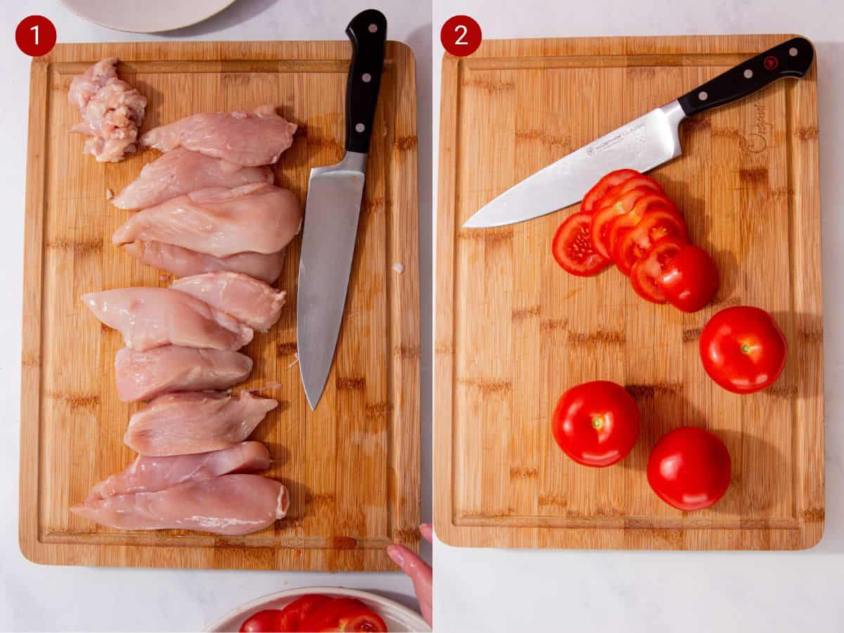 2 step by step photos, the first with sliced chicken breast on chopping a board with a knife and the second with sliced tomatoes on a board with a knife.