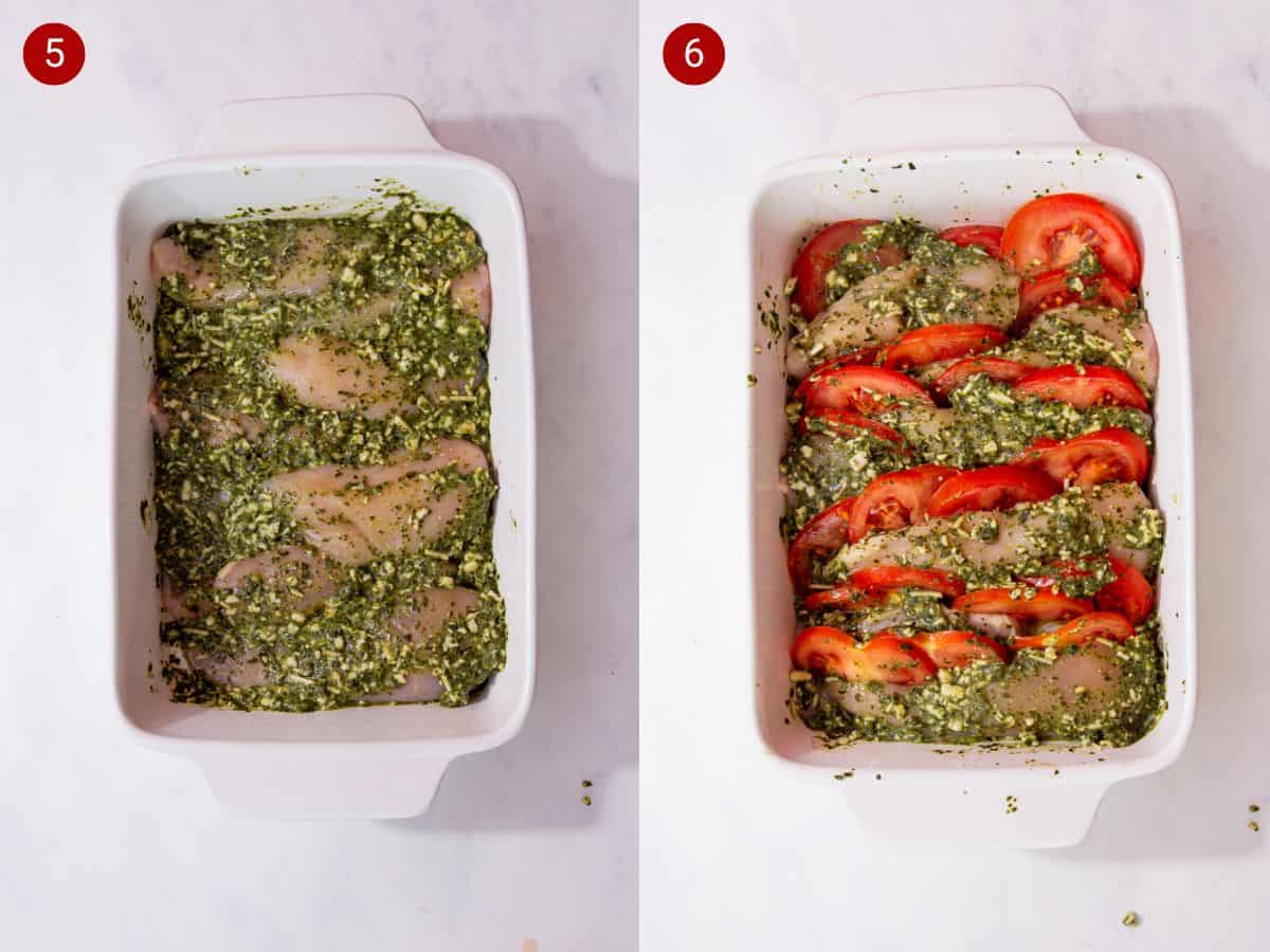 2 step by step photos, the first with a rectangular white baking dish with some pesto on the chicken and the second with slices of tomatoes added to the dish.