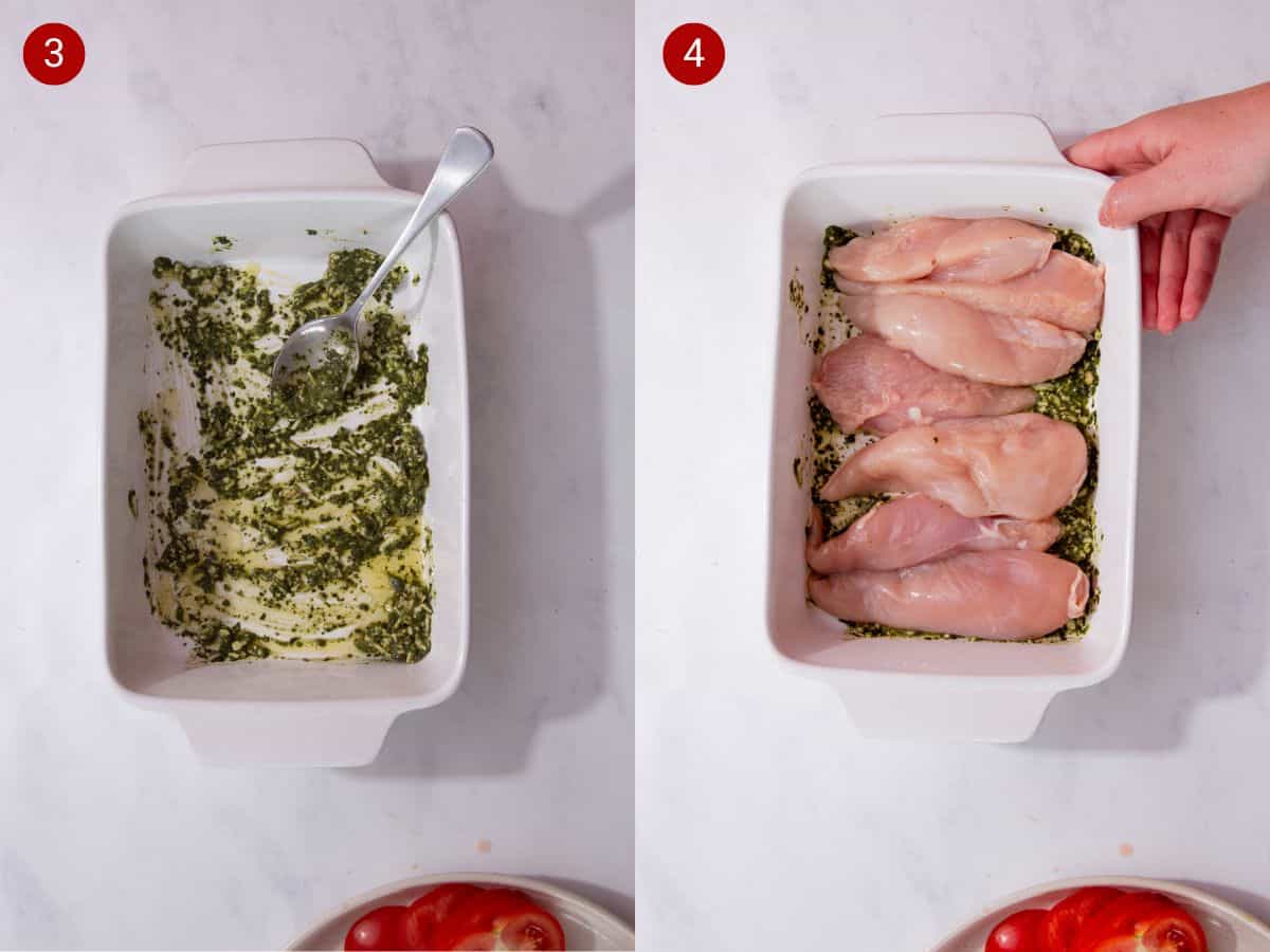 2 step by step photos, the first with a rectangular white baking dish with some pesto and a spoon and the second with pieces of chicken added to the dish.