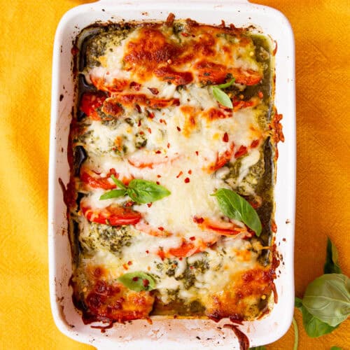 A white, rectangular baking dish with chicken and tomatoes covered in melted golden browned mozzarella with some fresh basil.