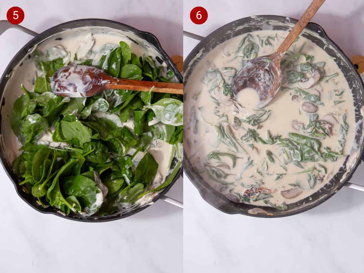 2 step by step photos, the first with wilted spinach in a pan with creamy sauce  and the second with the spinach wilted and stirred witha wooden spoon.