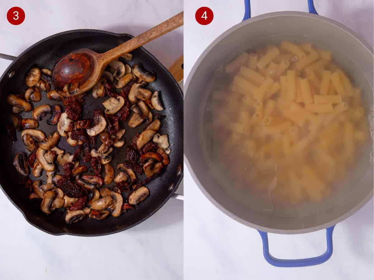 2 step by step photos, the first with sliced mushrooms and sun-dried tomatoes frying in a pan and stirred with a wooden spoon and the second with pasta submerged in water in a saucepan.