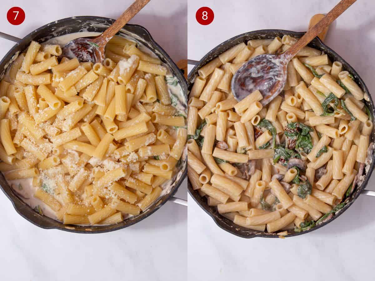 2 step by step photos, the first with cooked rigatoni pasta added to the sauce in a pan and the second with everything mixed together.