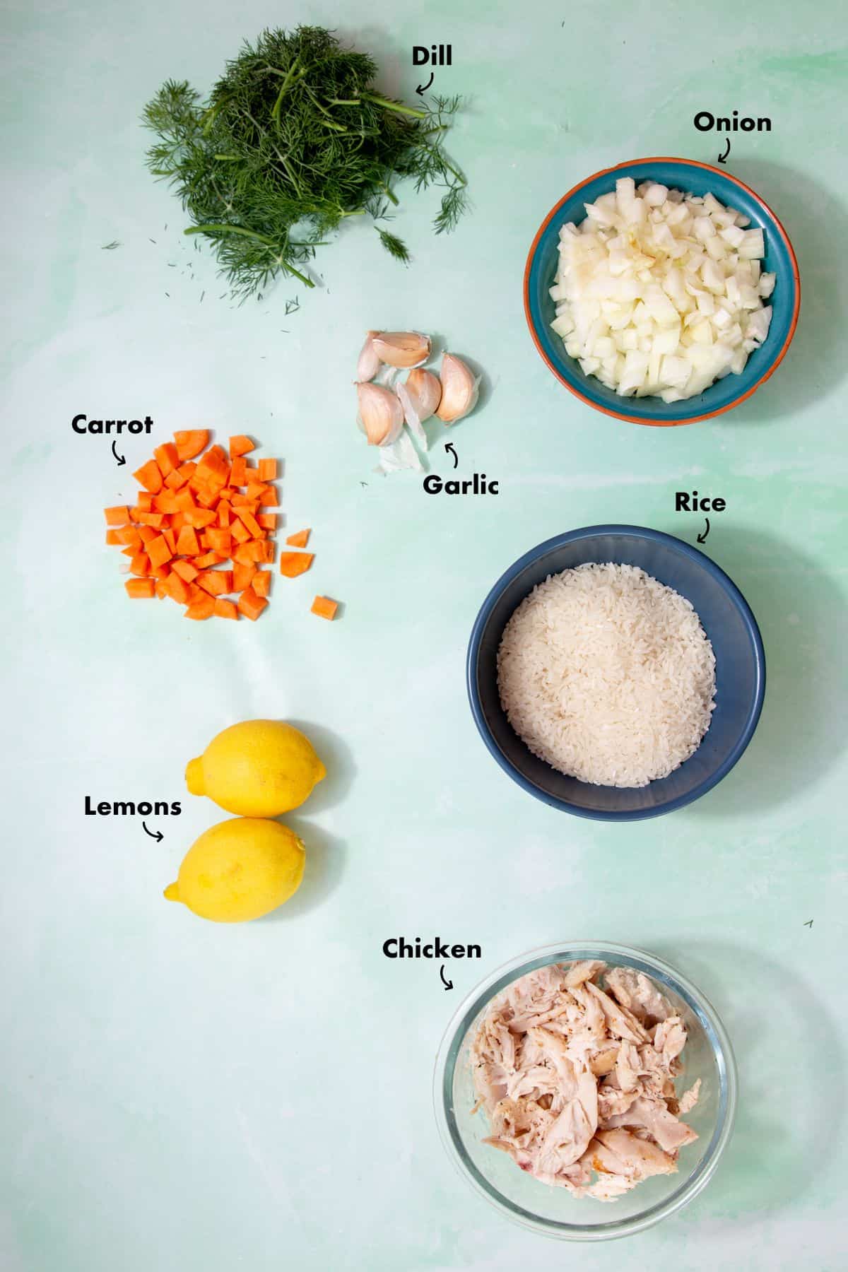 Ingredients to make the Greek chicken soup laid out on. aplae blue background and labelled.