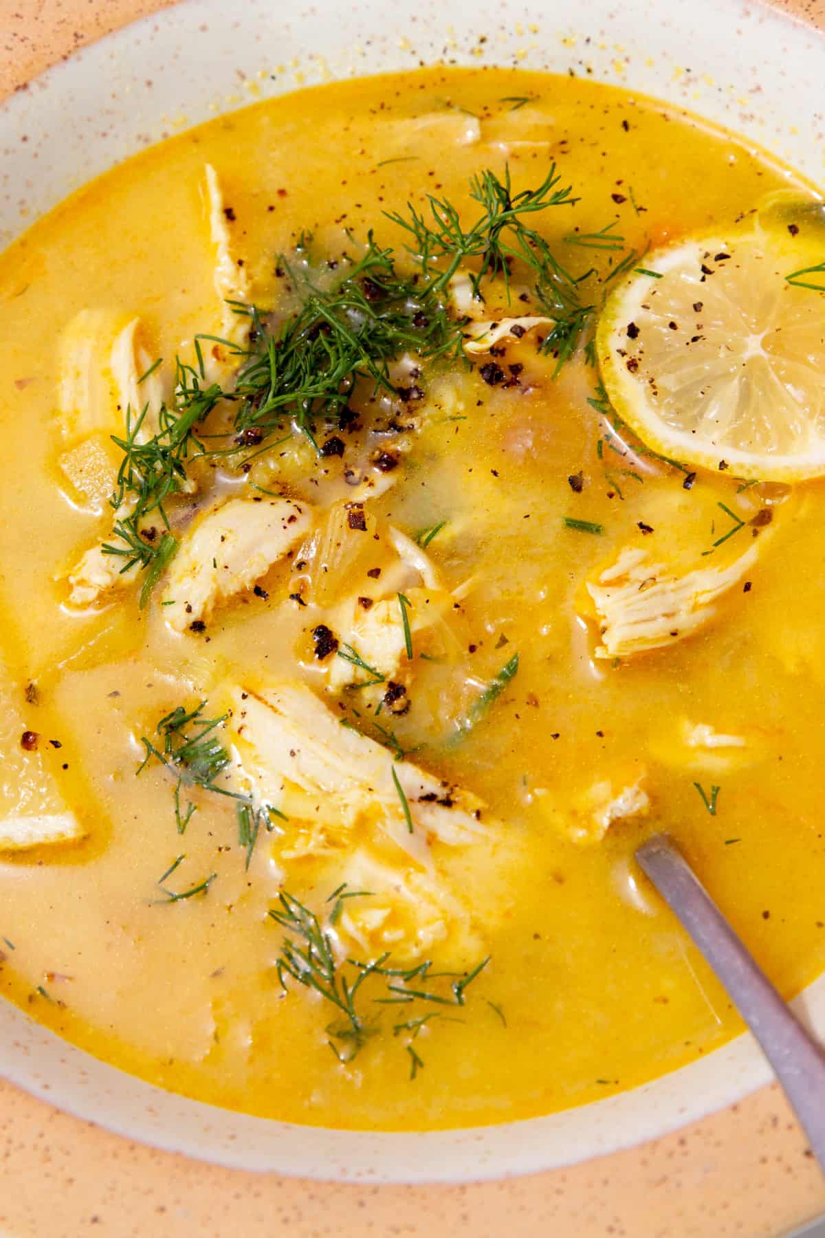 A yellowish coloured soup with chicken, topped with slices of lemon and lots of fresh dill on a white background.