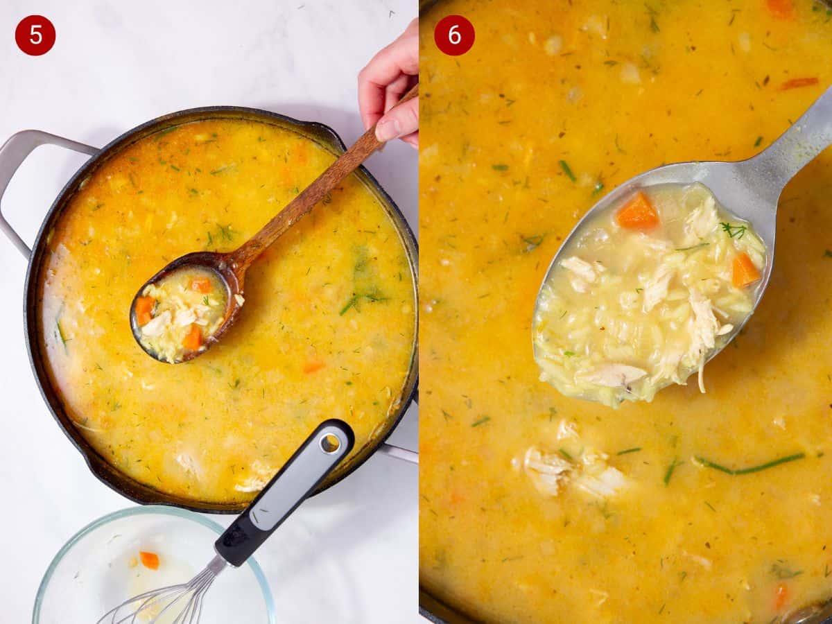 2 step by step photos, the first with soup in a pan with a wooden spoon  full of rice, carrots and chicken and the second with a larger stainless steel spoon with some of the soup ingredients over the soup.