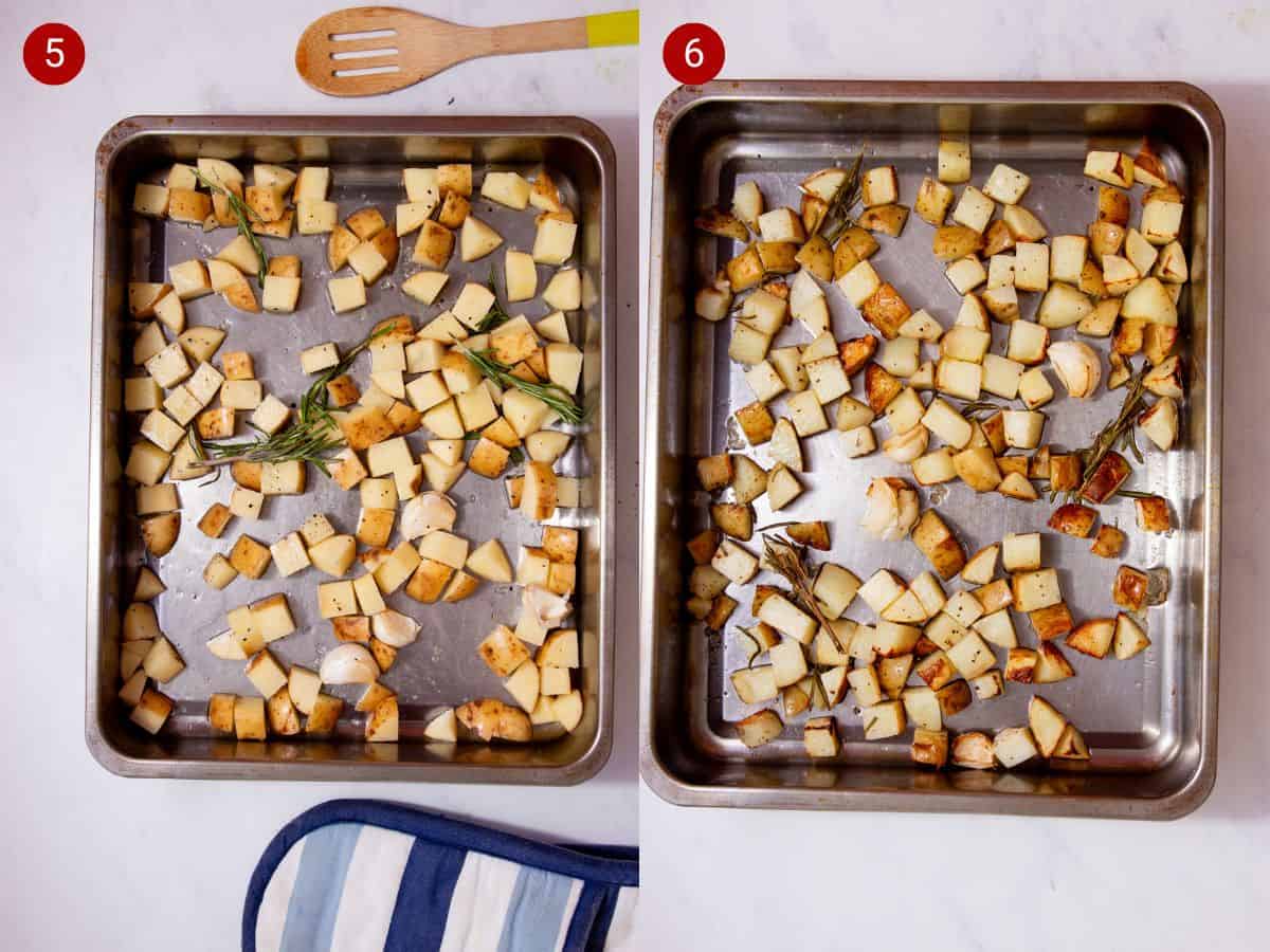 2 step by step photos, the first with diced potatoes in a stainless steel baking tray and the second with the potatoes partly cooked.