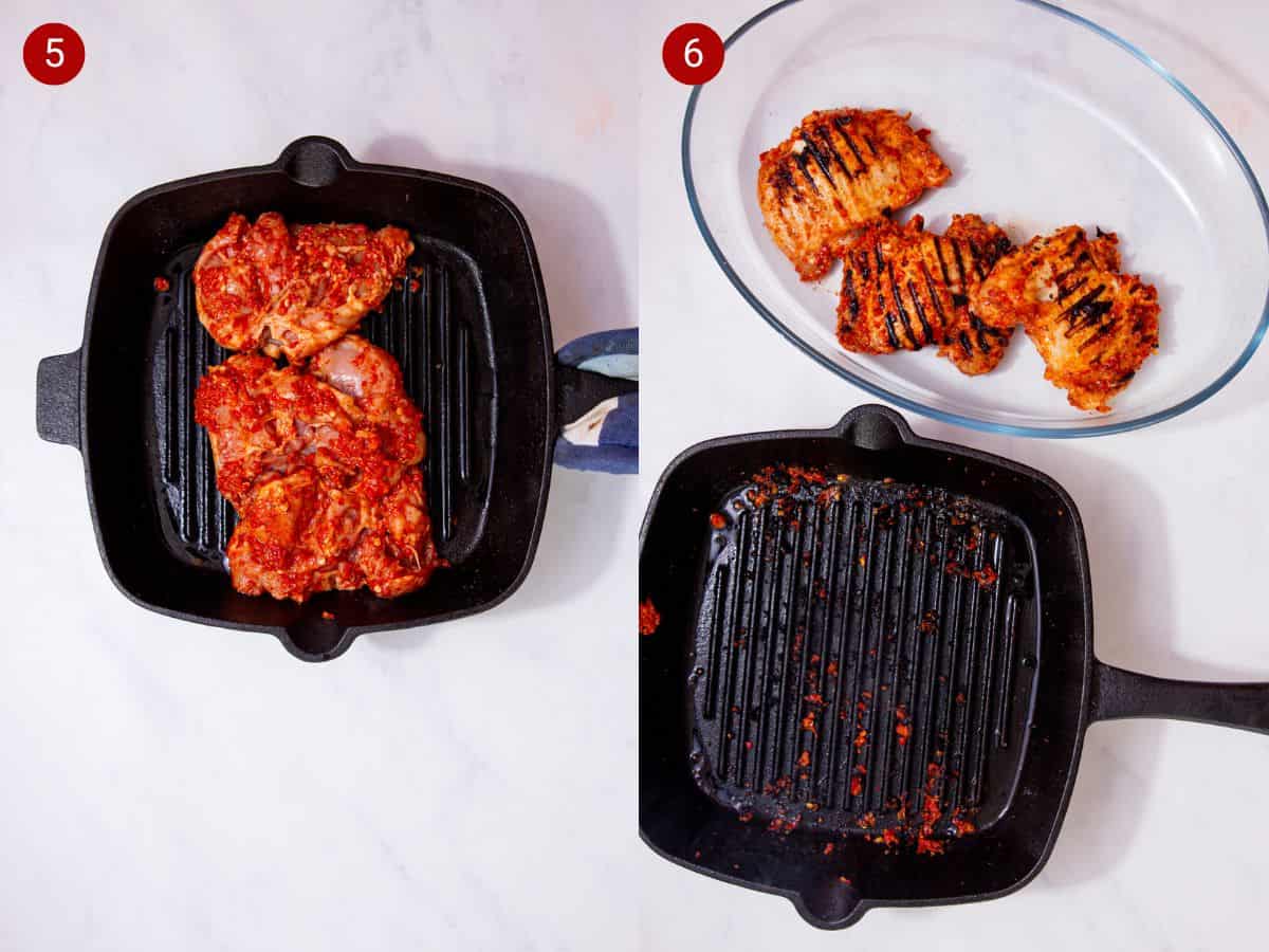 2 step by step photos, the first with the marinated thighs in a skillet and the second with the charred chicken thighs in a dish next to the skillet.