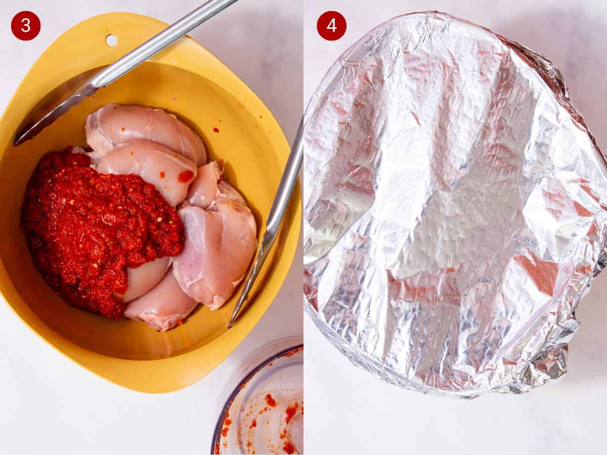 2 step by step photos, the first with the tomato coloured sauces over the chicken thighs in a bowl with some tongs and the second with the bowl covered in foil.