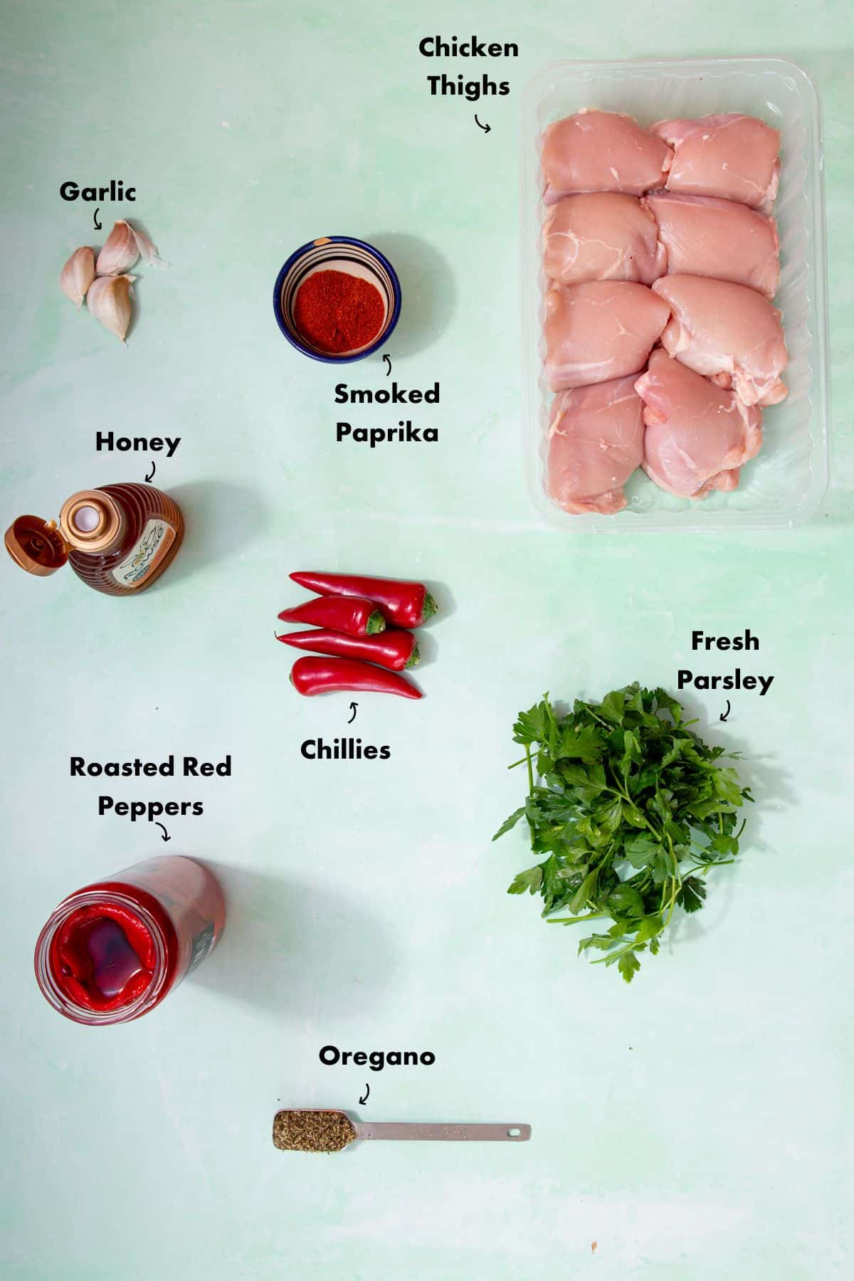 Ingredients to make peri peri chicken laid out on a pale blue background and labelled.