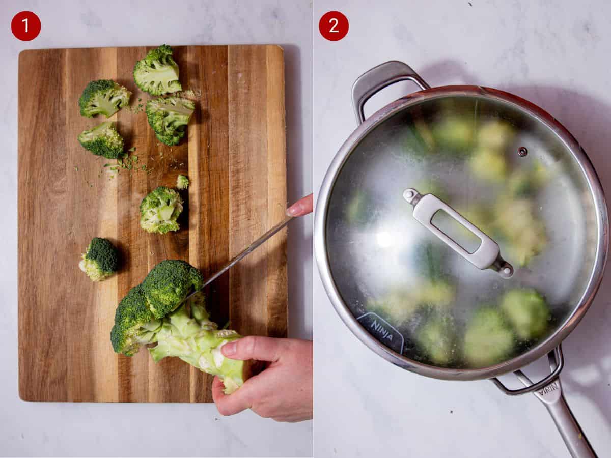 2 step by step photos, the first with sliced broccoli florets on chopping a board and the second with the broccoli steaming in a pan with a lid.