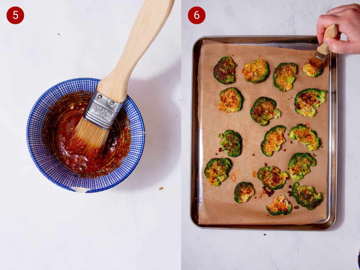 2 step by step photos, the first with some dark red sauce with a brush in a little blue bowl and the second with the brush covering the broccoli florets with the sauce.