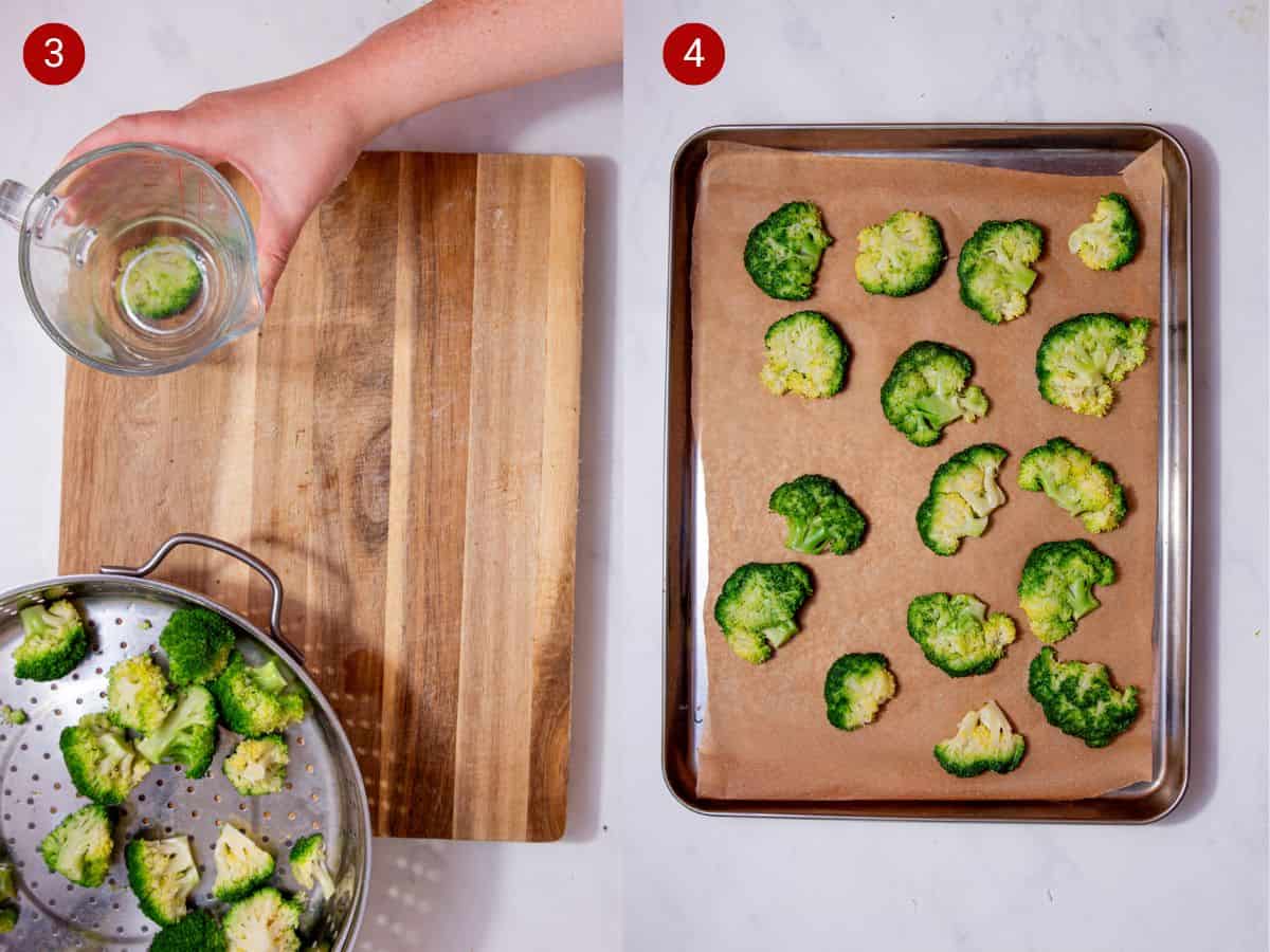 2 step by step photos, the first with with a glass jug on top of a broccoli floret on chopping a board and the second with the smashed broccoli florets on a parchment paper lined baking tray.