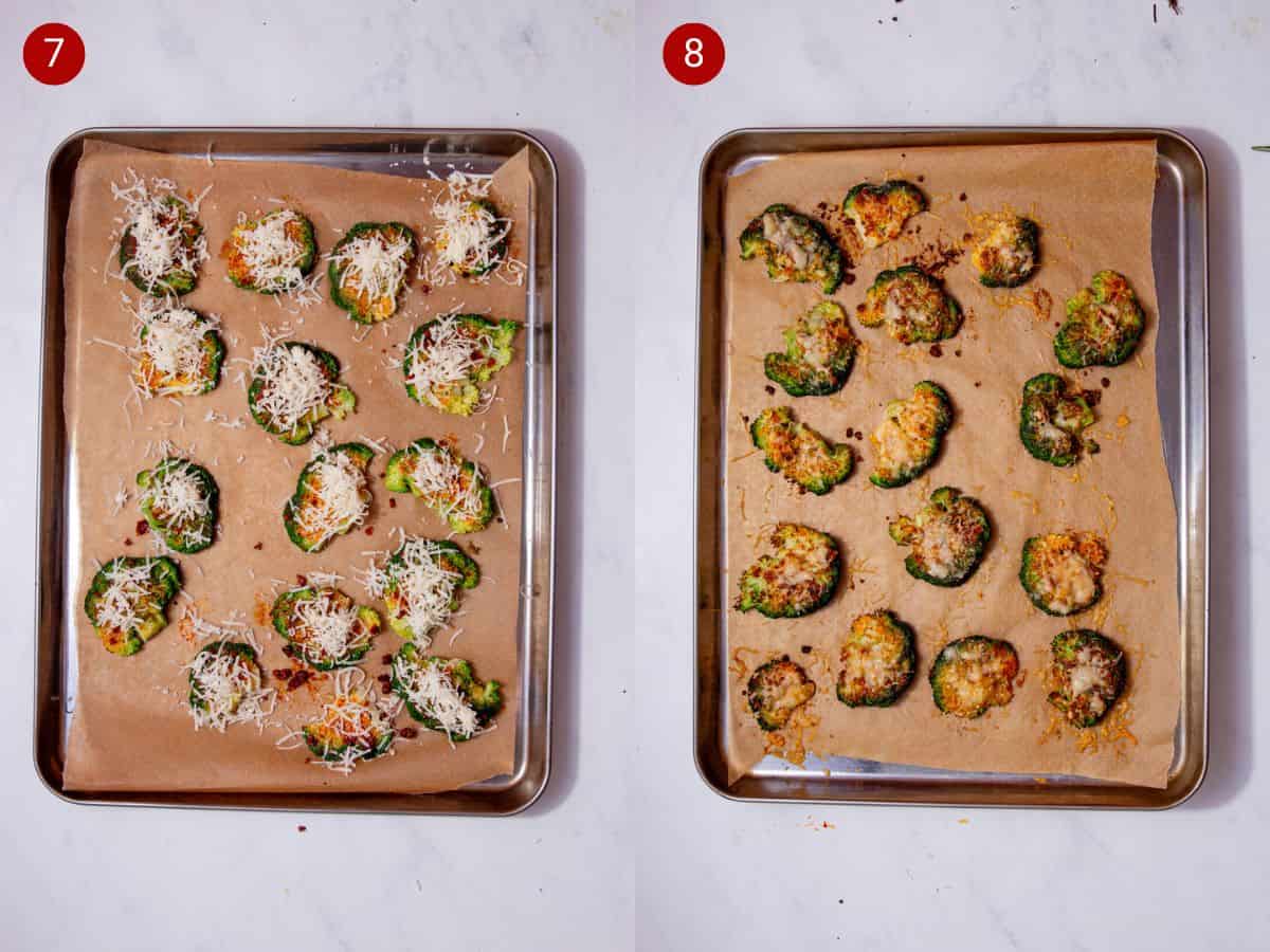 2 step by step photos, the first with some grated mozzarella covering the smashed florets and the second with the roasted broccoli florets now browned with cheesy topping.