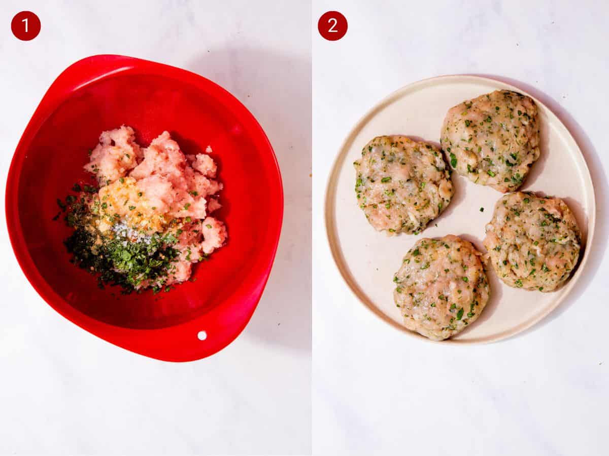 2 step by step photos, the first with chicken mince, coriander and seasoing in a red bowl and the second with 4 chicken patties on a plate.