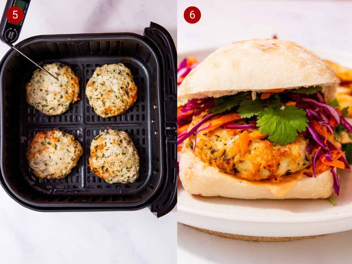 2 step by step photos, the first with 4 patties in an airfryer tray browned and with a thermometer and the second with a burger bun with the pattie inside with salad etc.