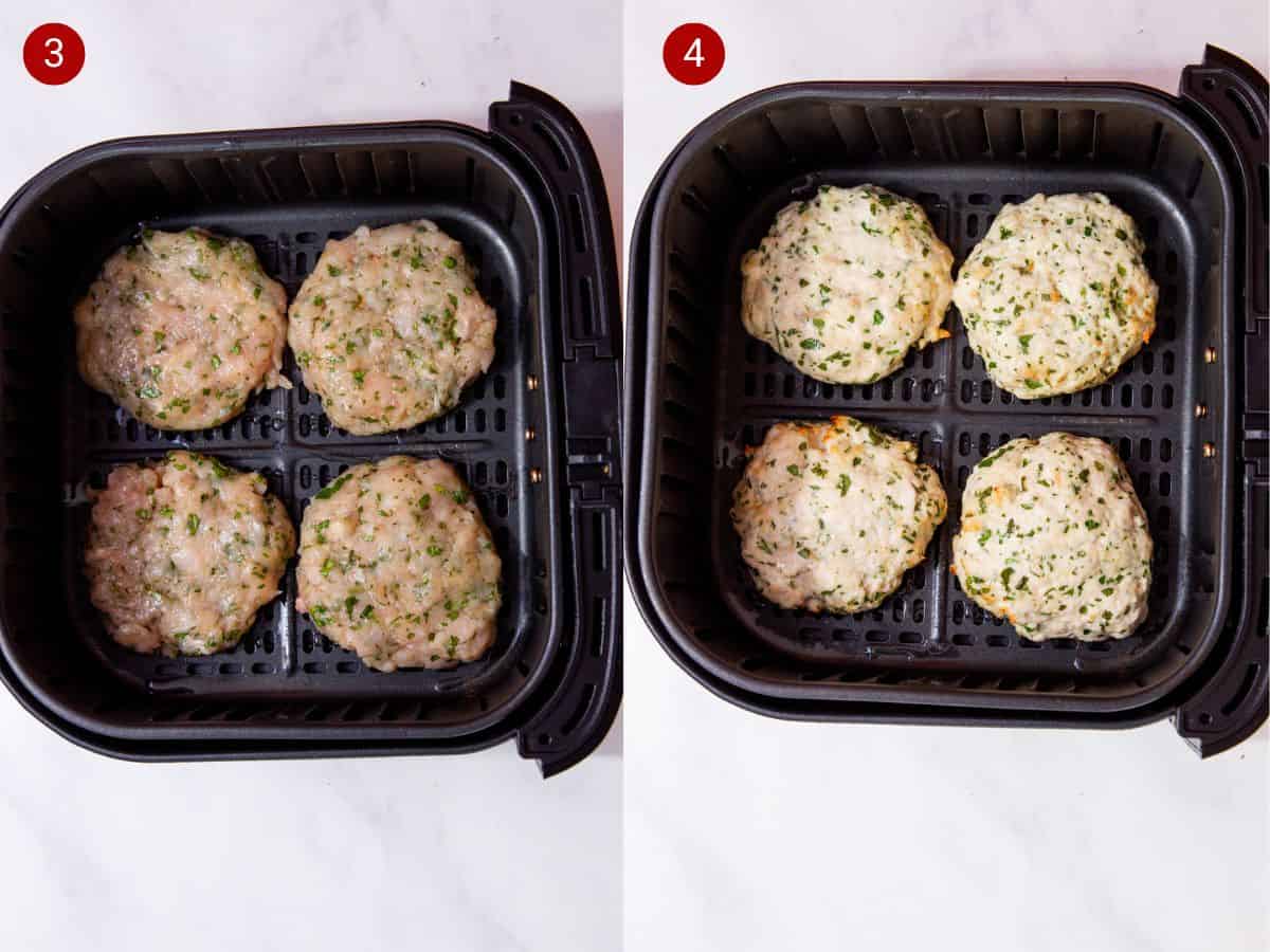 2 step by step photos, the first with 4 patties in an air fryer tray and the second with the patties partly cooked.