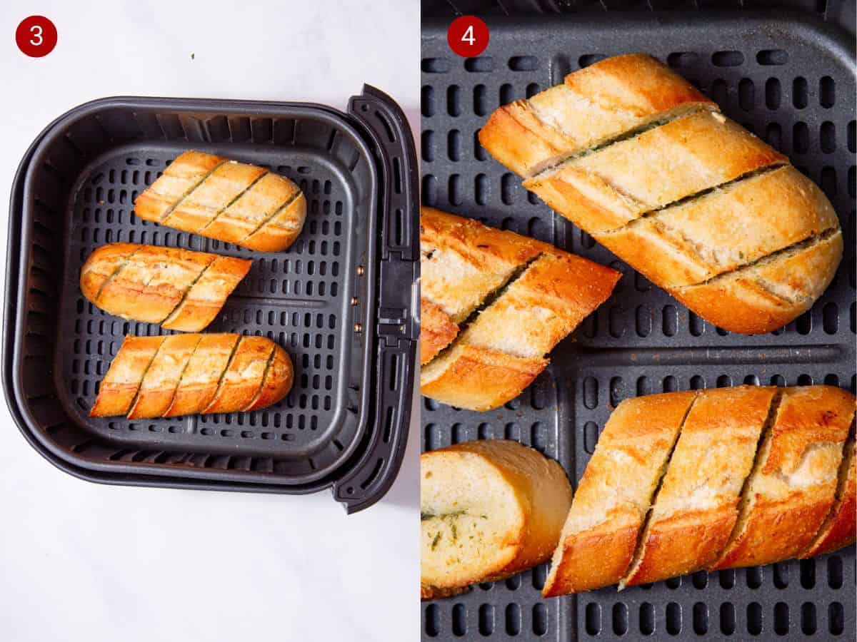 2 step by step photos, the first with a garlic bread baguette now golden browned in an airfryer basket and the second with pieces of the baguette in the airfryer basket fully cooked and browned.