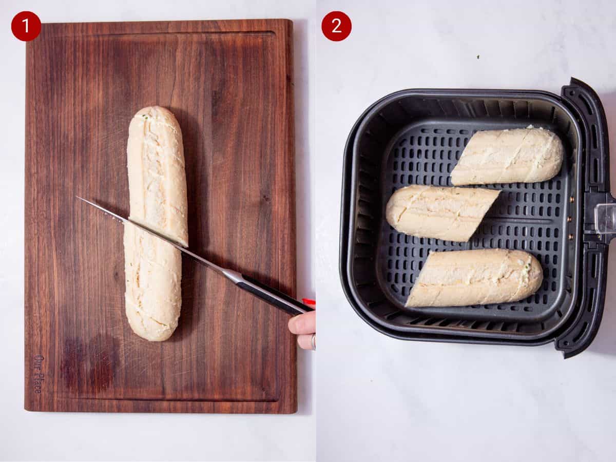 2 step by step photos, the first with a garlic bread baguette being cut with a knife on a chopping board and the second with pieces of the baguette in the airfryer basket.