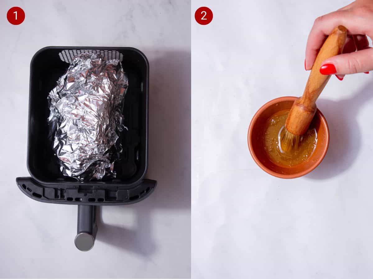 2 step by step photos, the first with an air fryer basket with a piece of meat covered in foil and the second with with some sauce/dressing made in a small brown bowl with a wooden brush and hand.