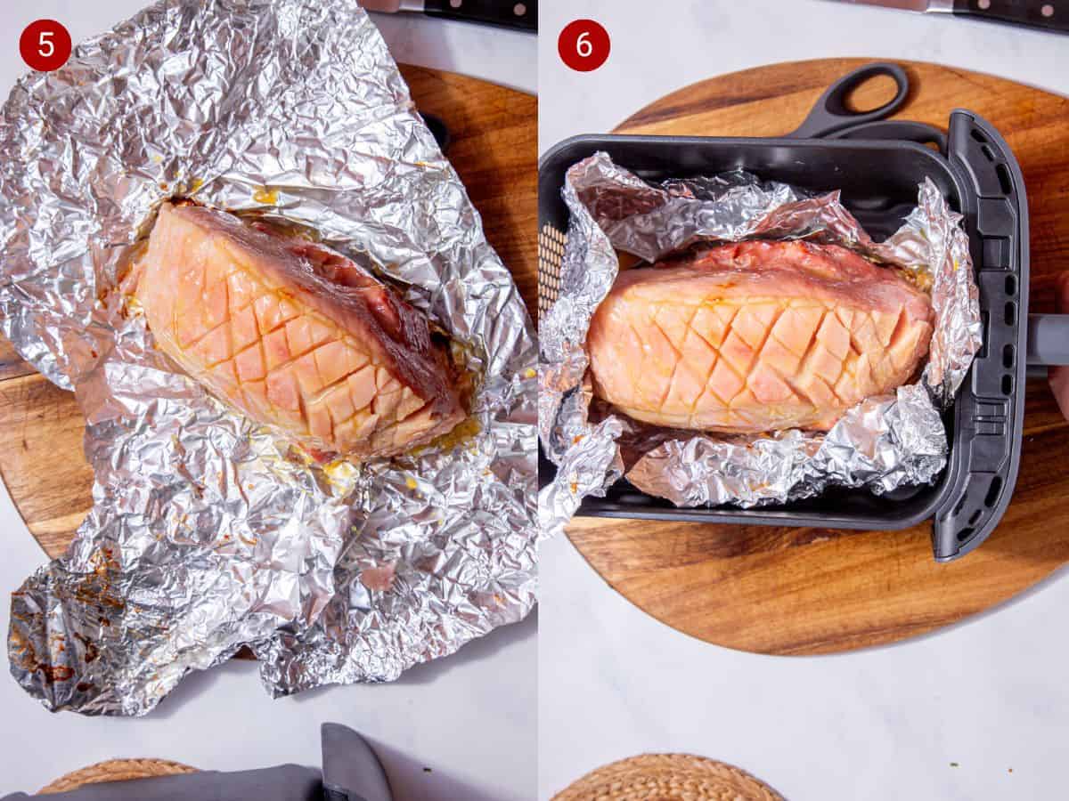 2 step by step photos, the first with a piece of gammon on some foil on a wooden board with the skin scored and some glaze added and the second with the gammon now added to the airfryer tray on some foil.
