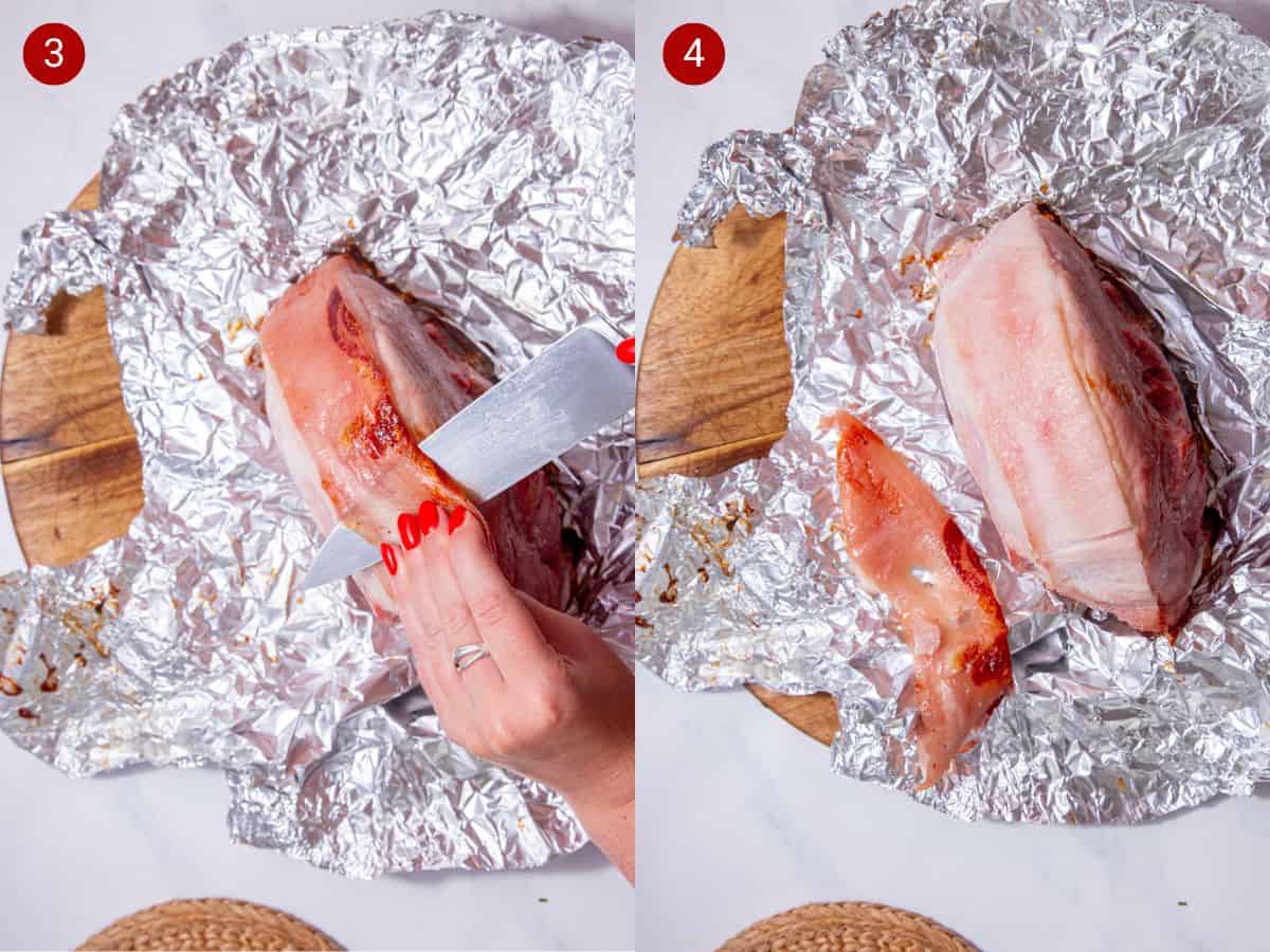 2 step by step photos, the first with a piece of gammon on some foil on a wooden board with the outer rind being cut off and the second with the rind now cut off.
