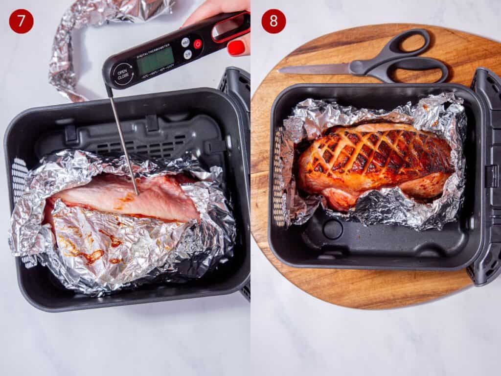 2 step by step photos, the first with a piece of gammon on some foil in an airfryer basket with a thermometre and the second with the golden browned gammon in the airfryer tray on some foil next to some scissors.