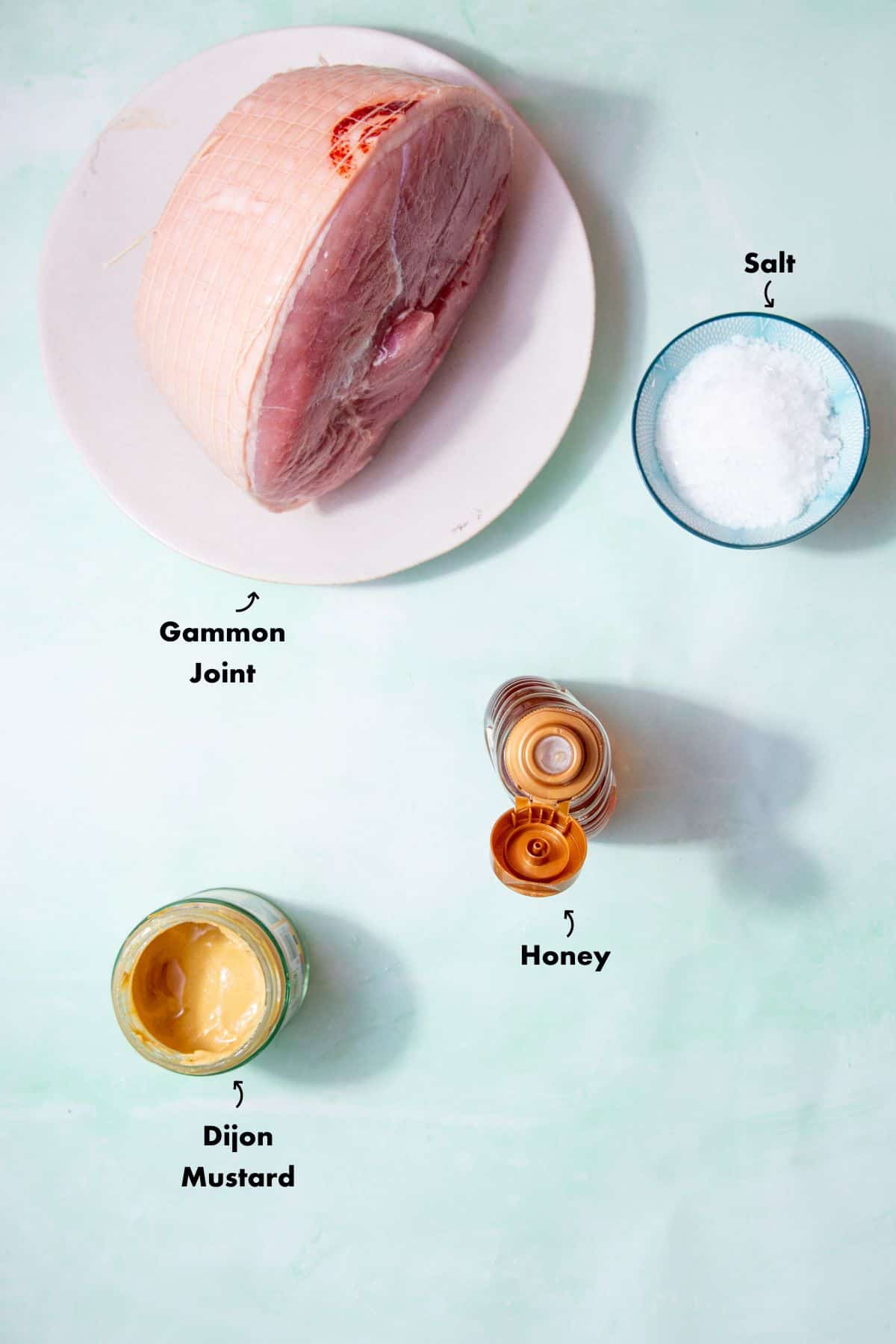 Ingredients to make the air fryer gammmon steak recipe laid out on a pale blue background and labelled.