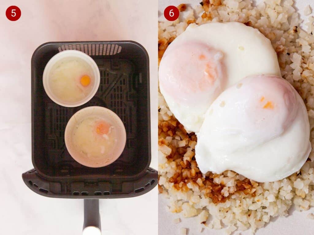 2 step by step photos, the first with 2 white, round ramekins with a cooked egg in each in an airfryer basket and the second with the poached eggs searved on a bed of rice.