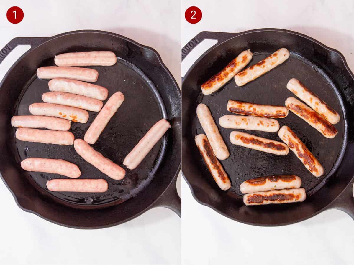 2 step by step photos, the first with raw chipolate sausages in a skillet pan and the second with the sausages partly browned.