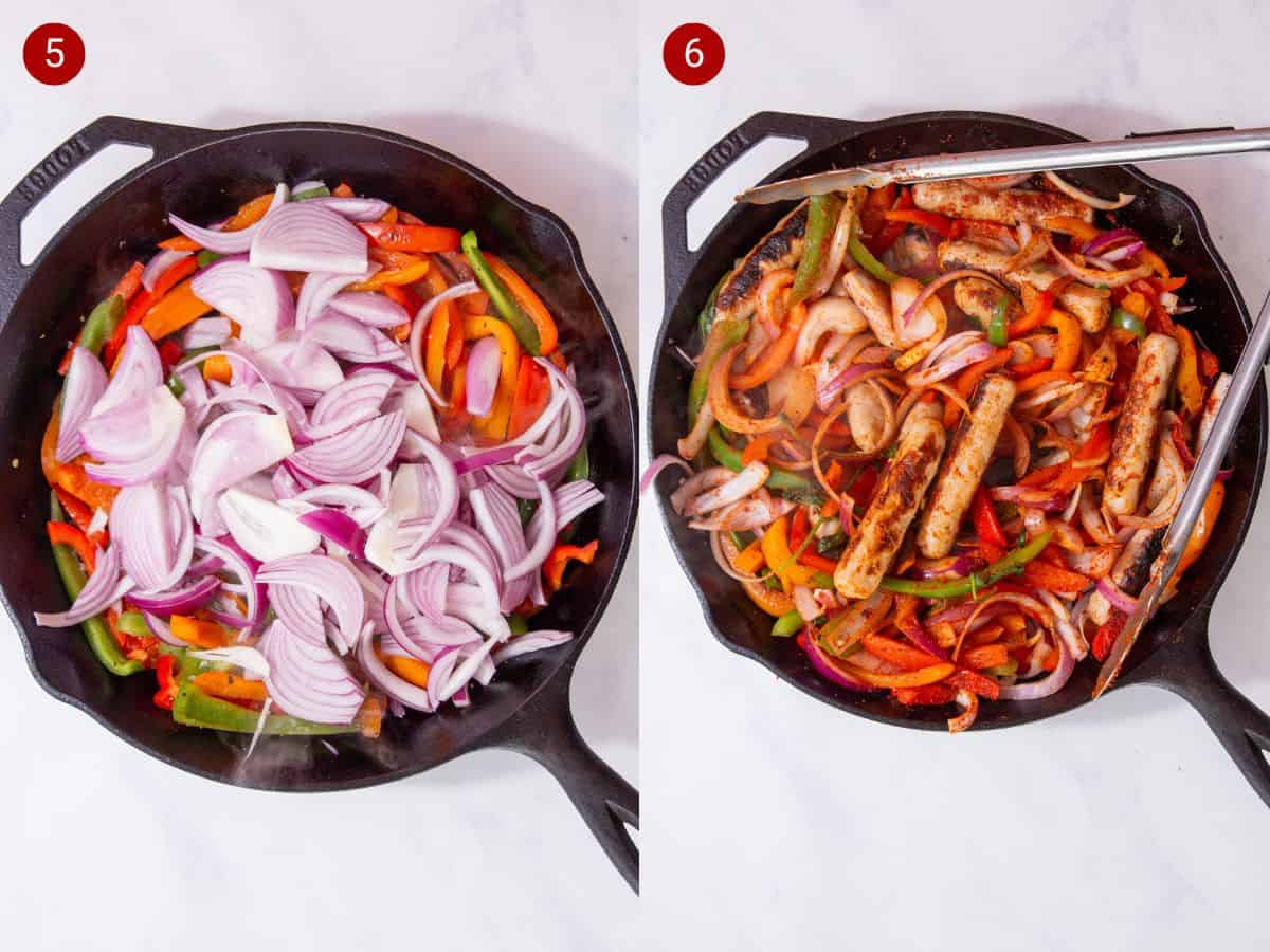 2 step by step photos, the first with sliced red onions on sliced peppers in a skillet pan and the second with these cooked and browned sausgages added to pan.