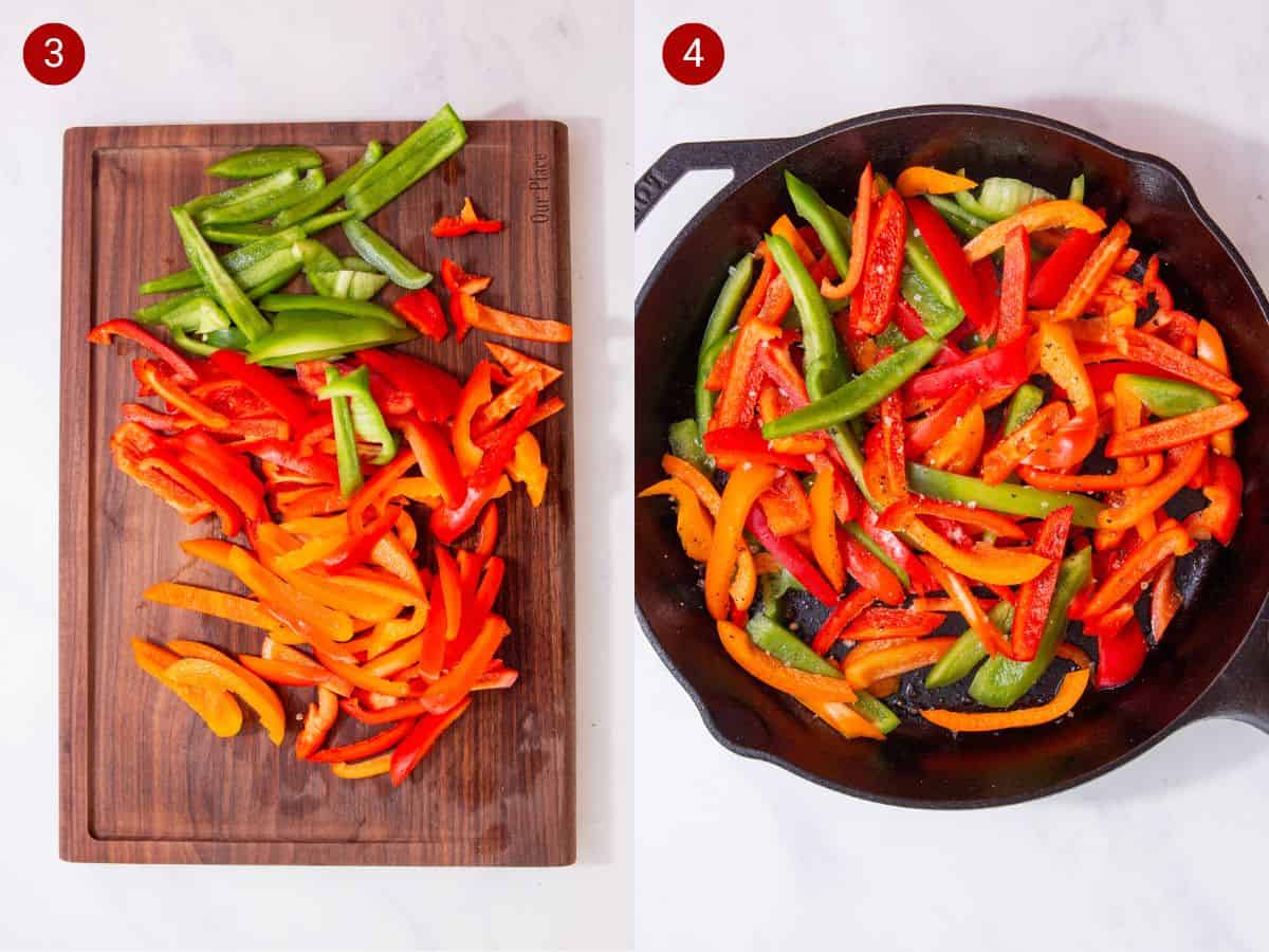 2 step by step photos, the first with sliced mixed peppers on chopping a board and the second with the peppers in a skillet pan.