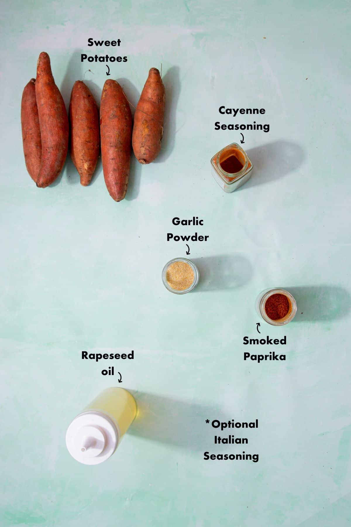 Ingredients to make the sweet potato cubes laid out on a pale blue background and labelled.