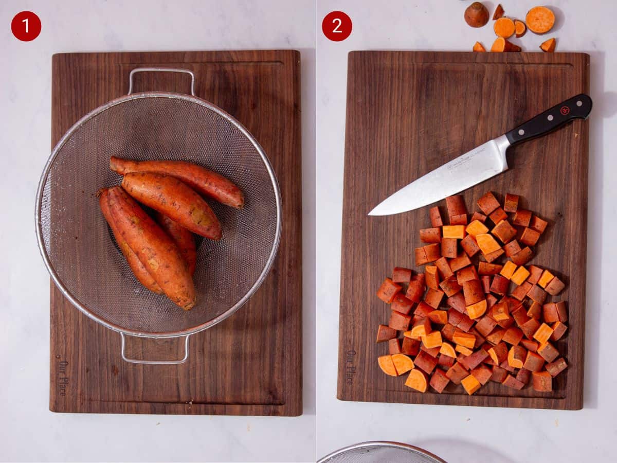 2 step by step photos, the first with washed sweet potatoes in a colander on a chopping board and the second with a knife with cubed sweet potatoes.