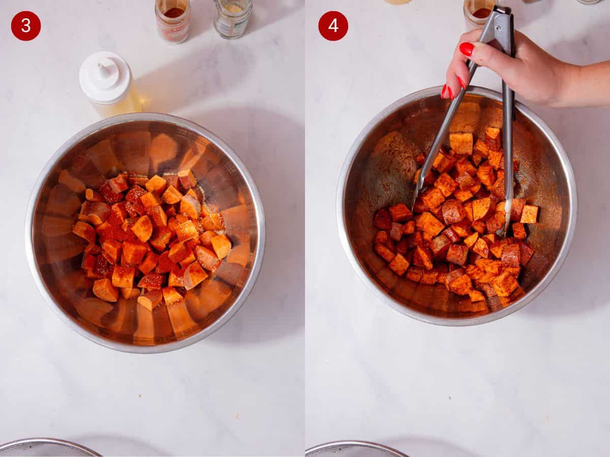 2 step by step photos, the first with cubed sweet potatoes in a bowl with seasoning and the second with tongs mixing the sweet potao cubes.