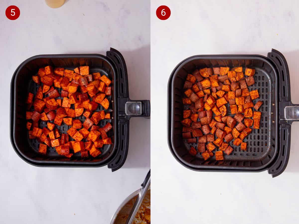 2 step by step photos, the first with cubed sweet potatoes in an air fryer tray and the second with the sweet ptoato cubes now cooked in tray.