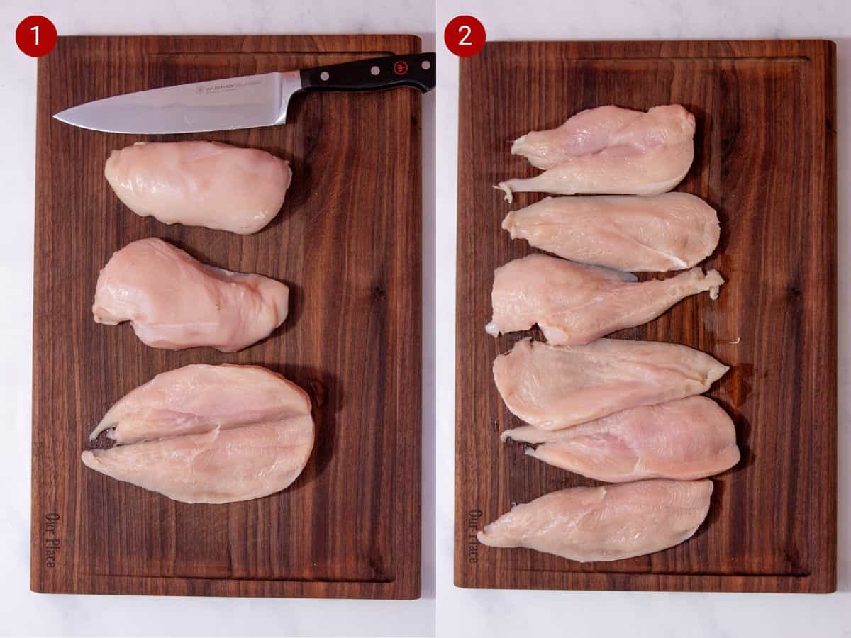 2 step by step photos, the first with chicken breast on a chopping board and the second with the chicken now sliced into thin pieces.