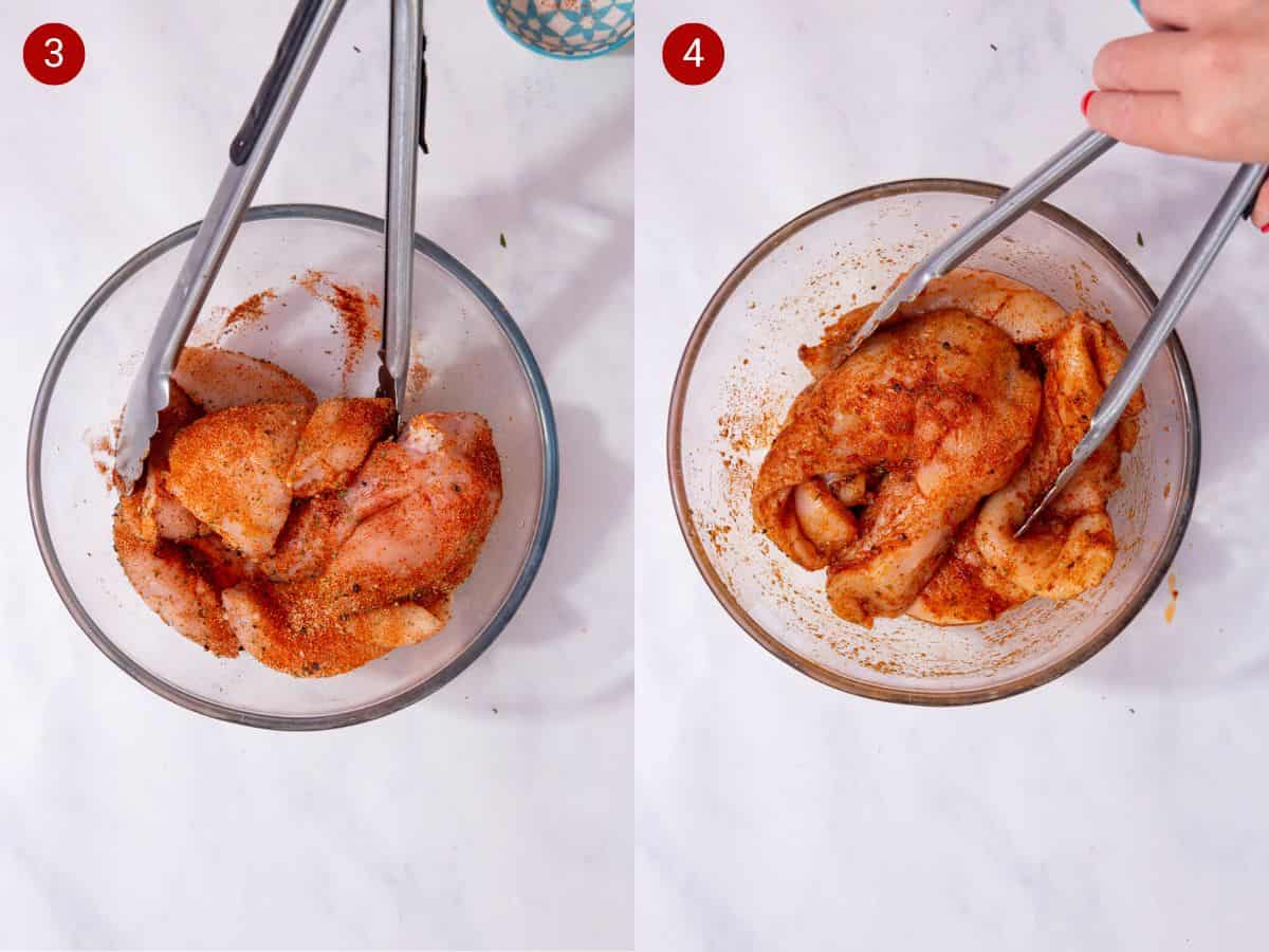 2 step by step photos, the first with chicken breast pieces in a glass bowl with seasoning and mixed with tongs and the second with the tongs mixing chicken.