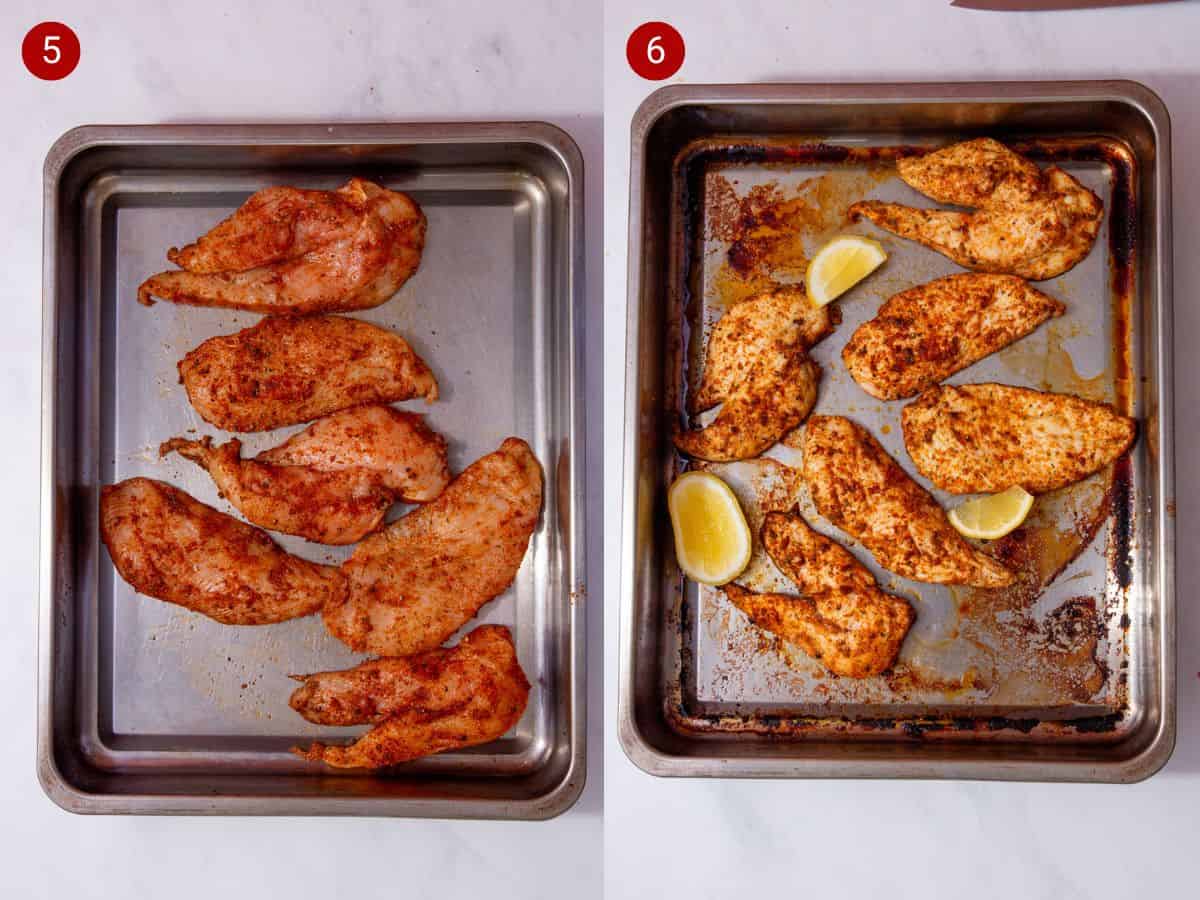 2 step by step photos, the first with chicken breast pieces covered in seasoning on a baking tray and the second with the chicken nowcooked and some lemon wedges added.