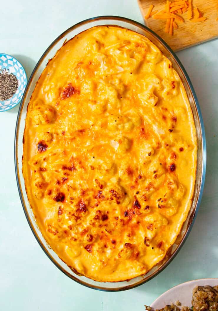 cauliflower cheese in glass baking dish