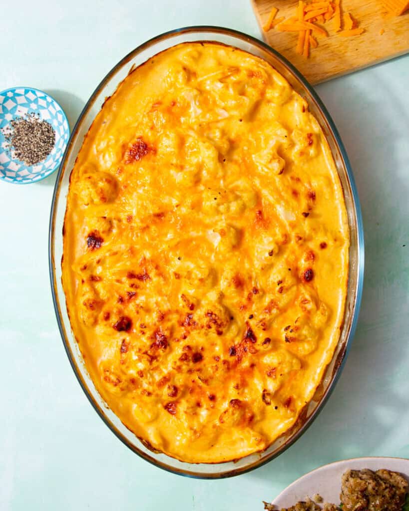 cauliflower cheese in glass baking dish