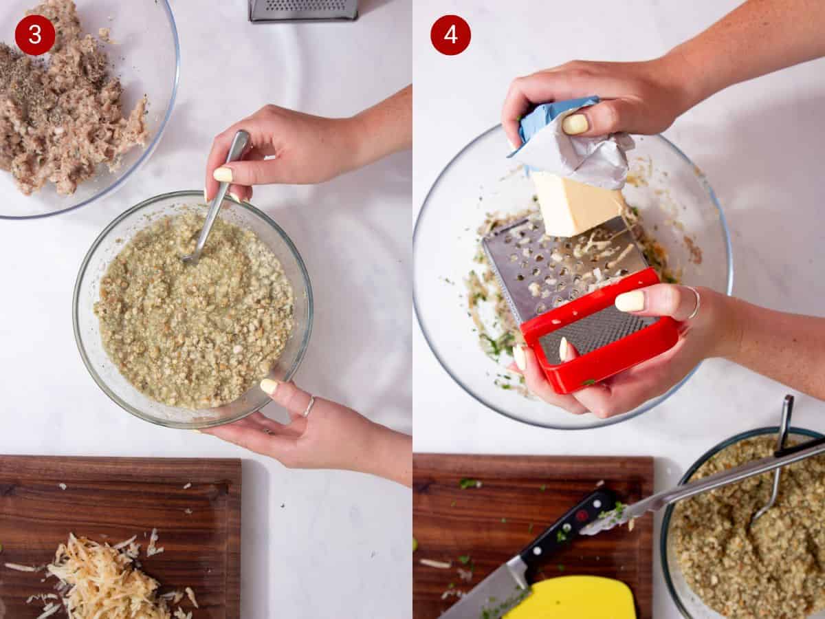 Two step by step photos with the first showing a bowl of stuffing being stirred with water using a spoon and the second showing someone grating frozen butter into a glass bowl of sausage meat.
