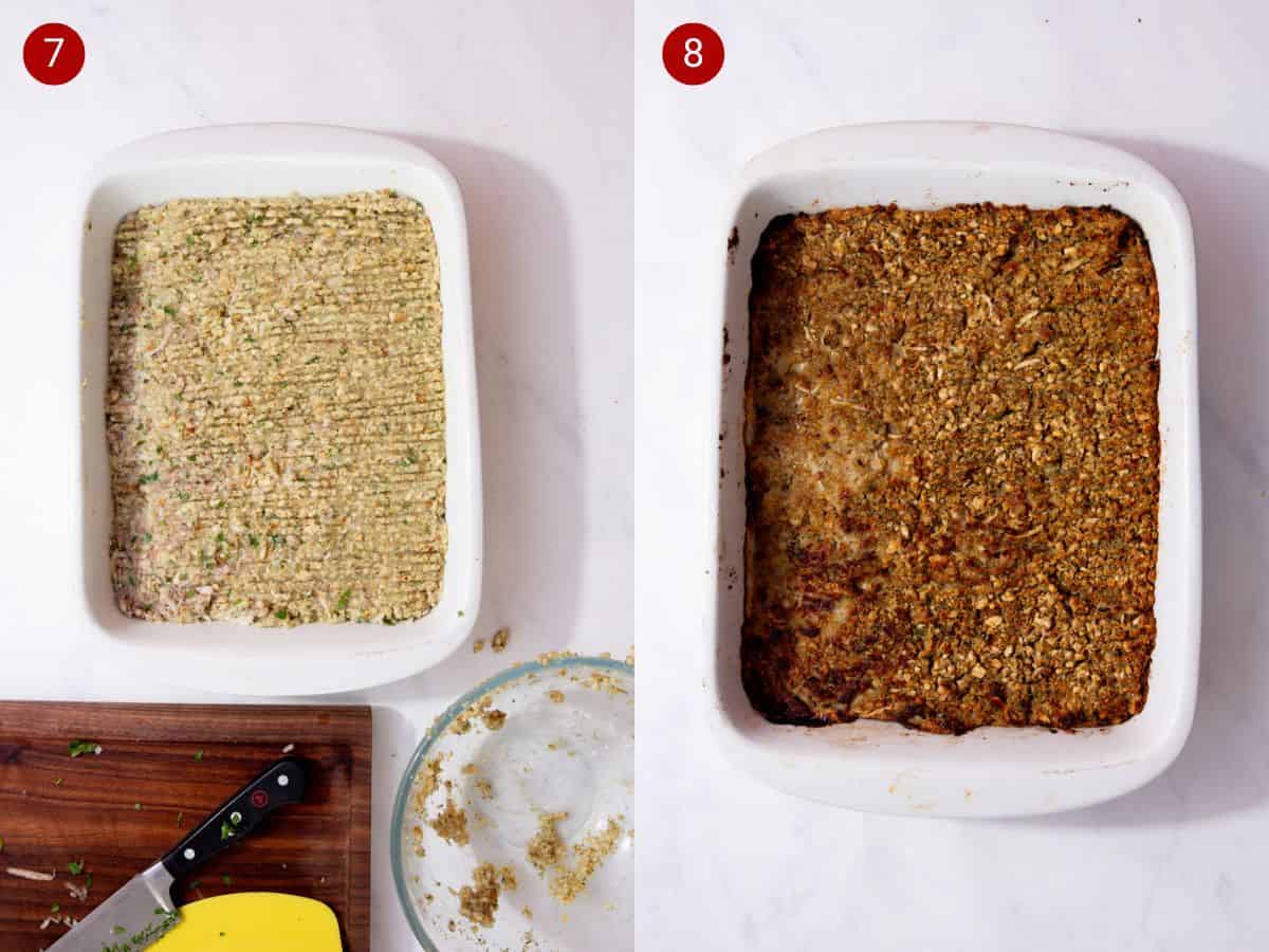 Two step by step photos with the first showing the sausage meat and stuffing mixture pressed flat into a white baking dish and the second showing the sausage meat stuffing with a browned top in a white baking dish after being baked .
