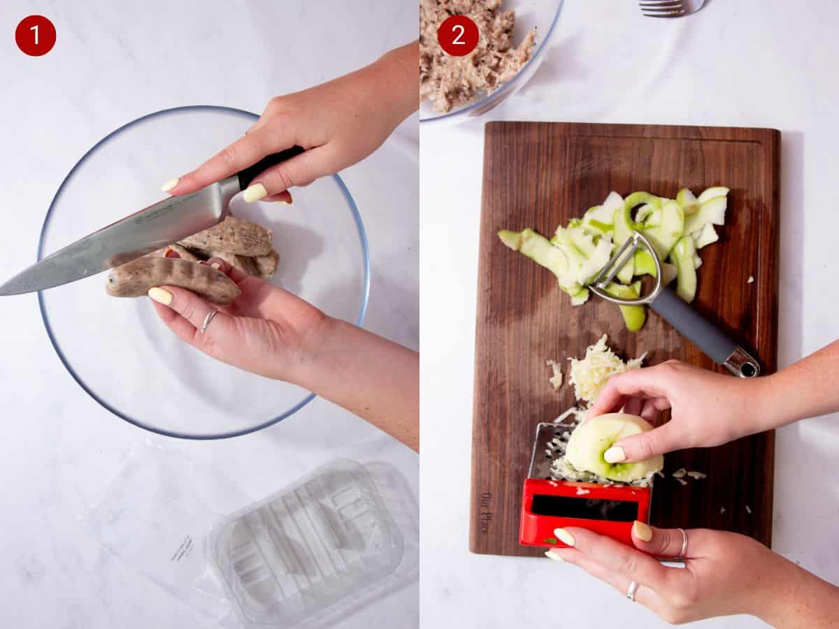 Two step by step photos with the first showing someone cutting the casings off the sausage with a large knife and the second showing a hand holding a grater and the other hand grating a green apple next to a peeler and apple peelings on a cutting board.
